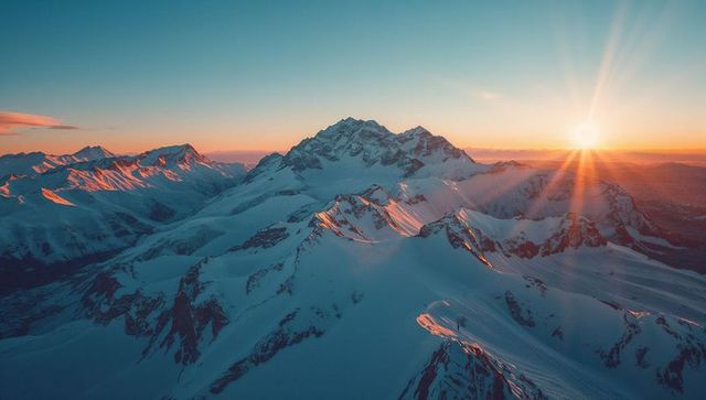 Sunrise over snow-covered alpine mountain peaks