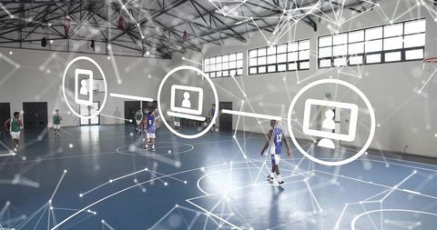 Basketball players training with digital analytics overlay on indoor court
