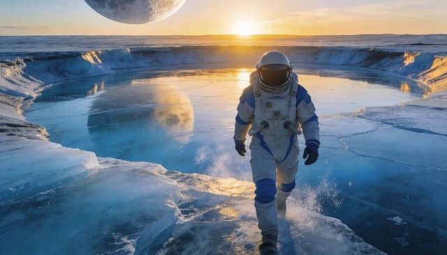 Walking astronaut crossing cracked polar ice at sunrise with reflected moonlike planet