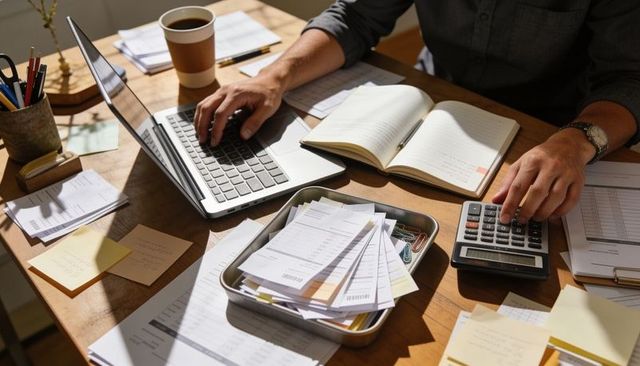 Man calculating finances at cluttered desk with laptop, calculator and receipts