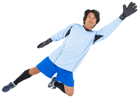 Asian male goalkeeper jumping on transparent background