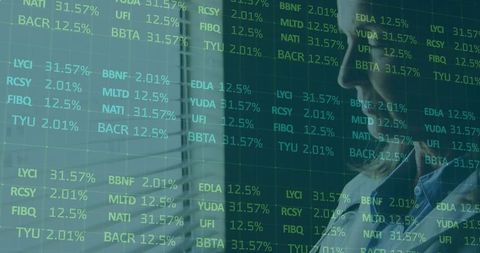 Senior female analyst studying green stock ticker overlay corporate data dashboard