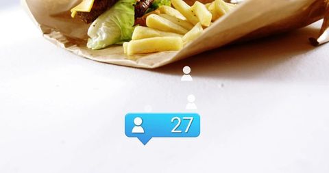 Takeout burger and fries with social followers notification badge 27 minimal flatlay