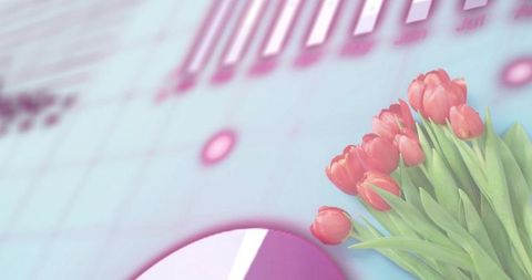 Red-pink tulips resting on pastel business chart with copy space for spring concept