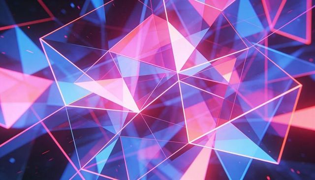 Neon geometric network glowing glassy triangles and wireframe lines in pink blue