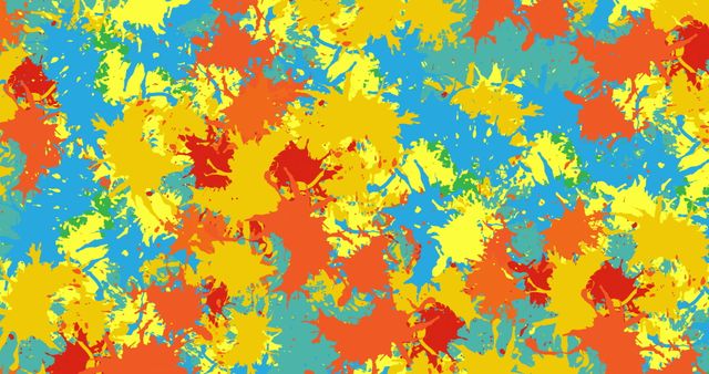 This vibrant abstract design features splashes of paint bursting in bright orange, yellow, and blue hues, perfect for adding a dynamic accent to creative projects. Ideal for use in graphic design, posters, album covers, or as a lively background in digital settings and social media content. Works well to convey energy and enthusiasm.