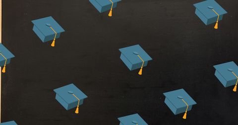 Floating Graduation Caps on Chalkboard Background