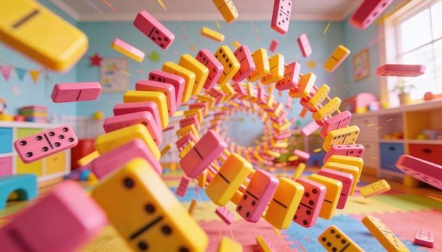 Spiraling pink and yellow domino loop cascading through colorful playroom
