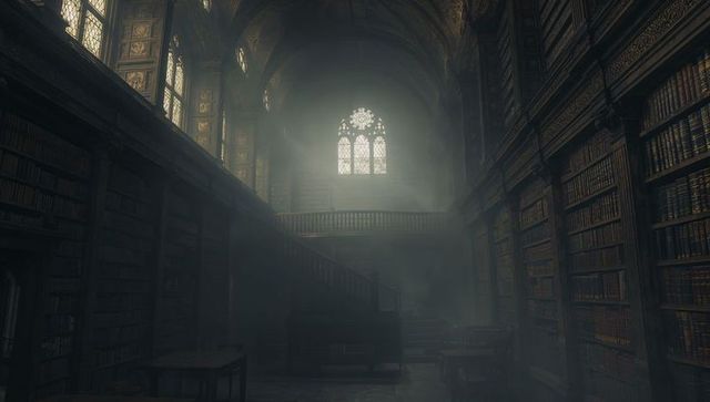 Majestic historic library with intricately carved wooden staircase