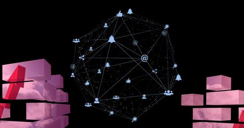Global connectivity network with media icons and pink blocks
