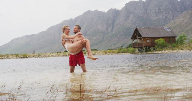 Romantic Couple Enjoying Lake Vacation in Beautiful Mountain Setting - Download Free Stock Photos Pikwizard.com
