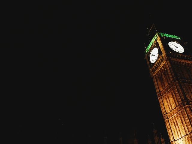 Big Ben clock tower in London, England lit up at night. Perfect for travel blogs, tourism websites, educational materials about UK landmarks, or marketing materials promoting London tourism.