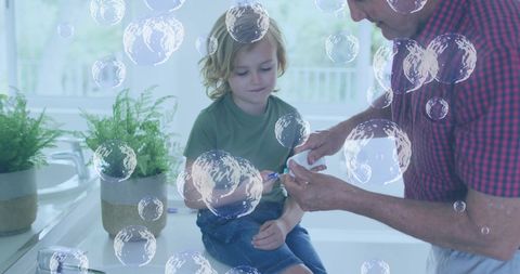 Child Learning Oral Hygiene with Guidance in Bubble Overlay Scene