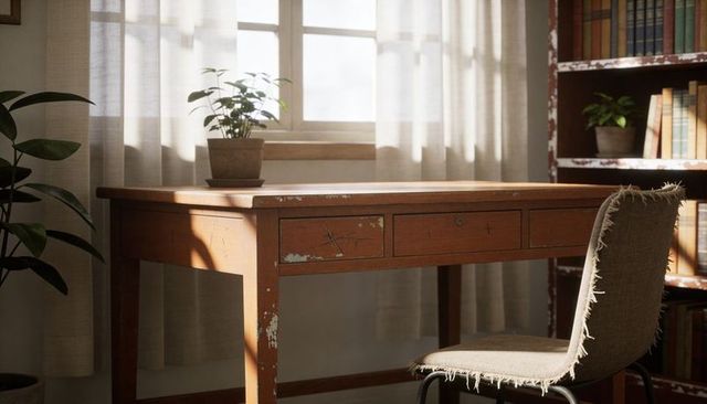 Sunlit vintage wooden desk showing chipped paint and clay pot by window in cozy study