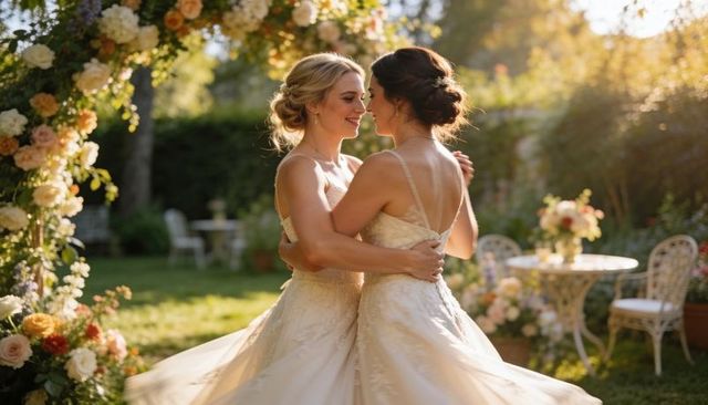 Two brides embracing under floral arch during golden hour garden wedding