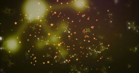 Glowing orange star particles drifting over futuristic neon hexagon grid with bokeh halftone