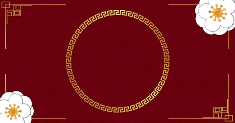 Festive design features a central golden circle with intricate patterns, giving a traditional look against a deep red background enhanced by delicate, gold-outlined flowers. Ideal for Chinese New Year greetings, cultural celebration invitations, festive decorations, or as thematic wallpaper. Creates an elegant atmosphere celebrating tradition and modern aesthetics.
