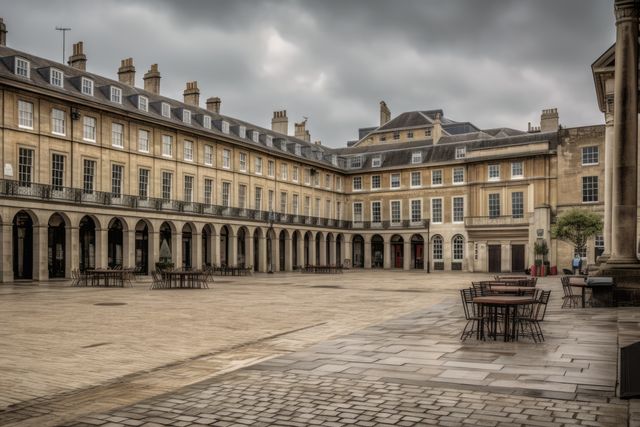 Spacious stone paved courtyard surrounded by historic European buildings featuring classic arches and wrought iron furniture. Ideal for use in travel magazines, tourism brochures, or architectural study materials.