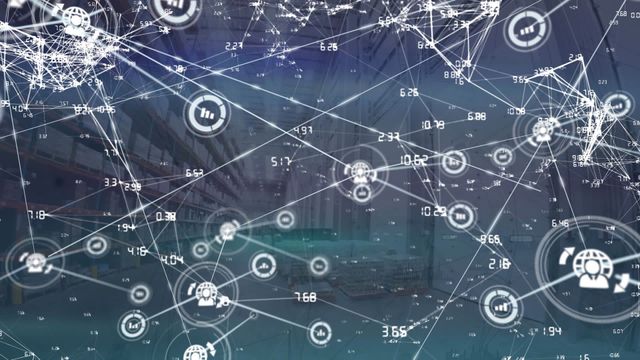 This image illustrates the integration of modern technology in sectors like logistics and supply chain management. The digital composite represents interconnected data systems and analytics within a warehouse environment, showcasing innovation and efficiency. Ideal for articles or presentations about advanced warehousing solutions, inventory efficiency, or the impact of digital transformation on supply chain management.