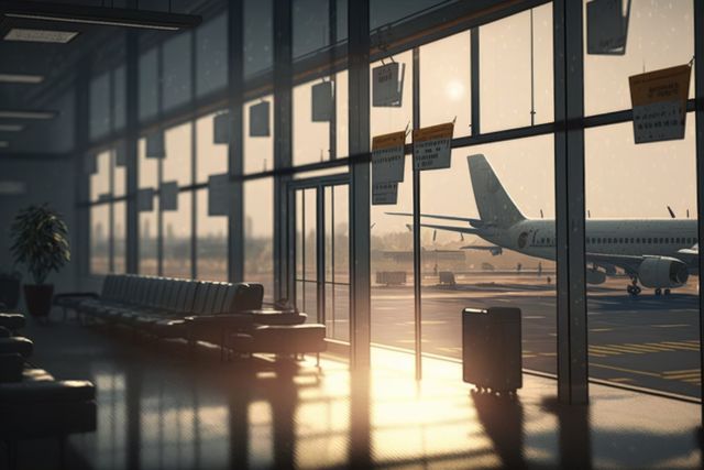 Image showing an empty airport terminal with large sunlit windows. An airplane is visible on the tarmac outside. Ideal for expressing concepts of travel, transportation, waiting, modern infrastructure, and quiet moments before a journey starts. Suitable for travel agencies, airport advertisements, and transportation-related content.
