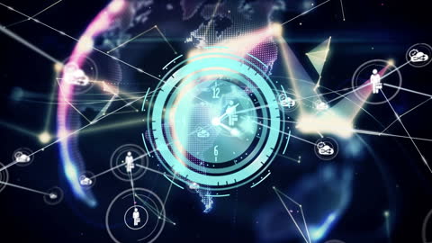 Futuristic Global Connectivity with World and Digital Clock Overlay