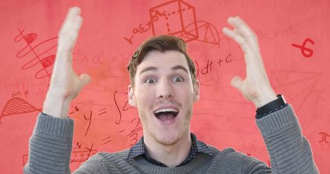 Excited Student Celebrating Success in Mathematics on Red Background