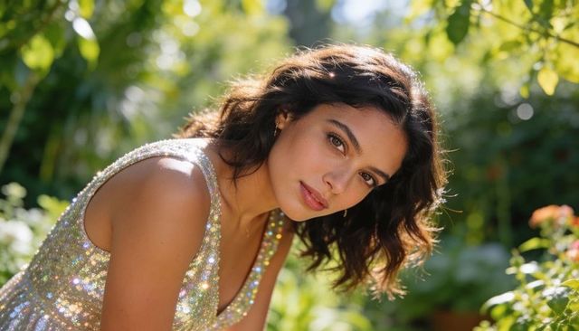 Sunlit garden portrait of young woman leaning in sequined gown catching sunlight