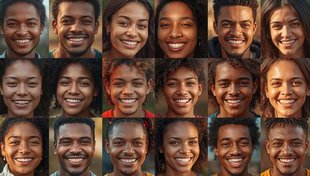 Smiling diverse headshots grid radiating golden warmth, casual tops and earrings