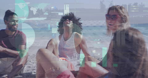 Friends Enjoying Beach Overlayed with Financial Data Graphics
