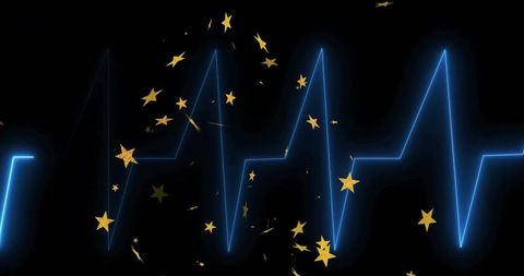 Pulsing Neon Waveform with Gold Stars on Cosmic Background