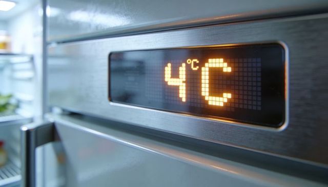 Stainless-steel refrigerator displaying 4°c digital temperature in modern kitchen