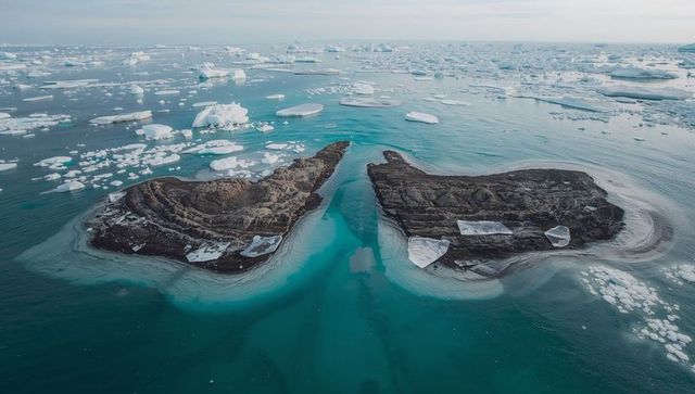 Two rocky islets forming v-shaped channel in arctic turquoise sea dotted with icebergs