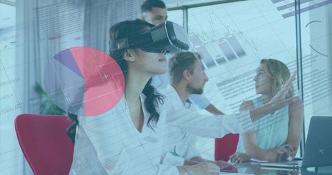 VR Technology in Collaborative Office Meeting with Financial Graphics