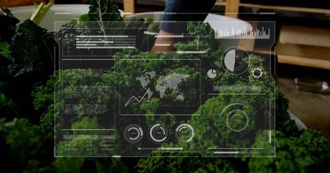 Person harvesting kale with ar technology overlay in modern farm