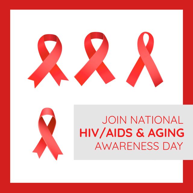Illustration of red ribbons with join national hiv aids and aging awareness day text in red frame. Hiv prevention, care and treatment for aging population, raise awareness, support, healthcare.