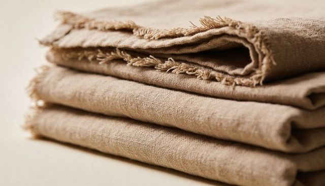 Natural beige linen fabric stack with frayed edges rustic textile texture minimalist background