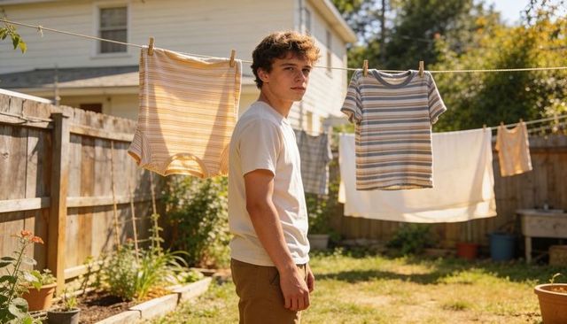 Teenage boy standing by clothesline wearing pale tee and khaki pants in sunny backyard