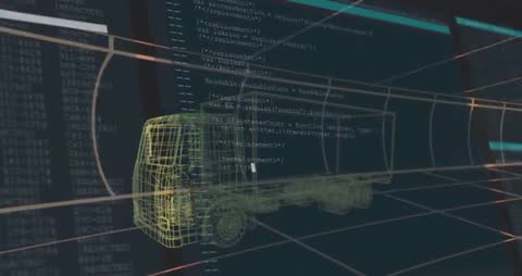 3D Wireframe Truck with Futuristic Coding Simulation Environment