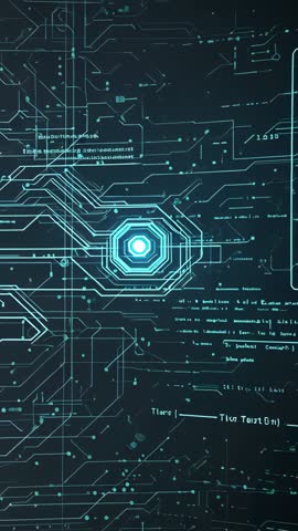 Vertical Cyber Interface Video: Neon Data Streams Forming Pulsing Hexagonal Core