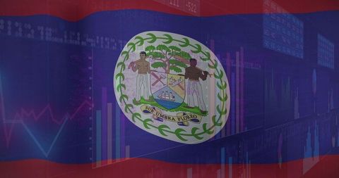 Belize coat of arms over financial charts with shirtless figures, forestry and maritime