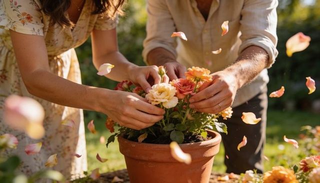 Couple arranging sunlit terracotta planter in backyard, hands planting rose blooms