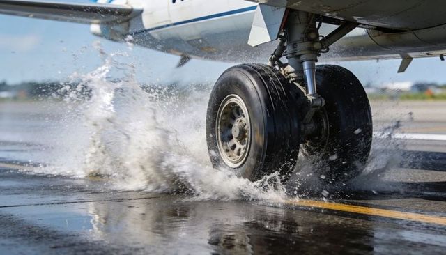 Aircraft main landing gear splashing water on wet runway closeup with dramatic reflections