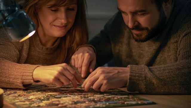 Couple assembling jigsaw puzzle by desk lamp wearing cozy knit sweaters, intimate home moment