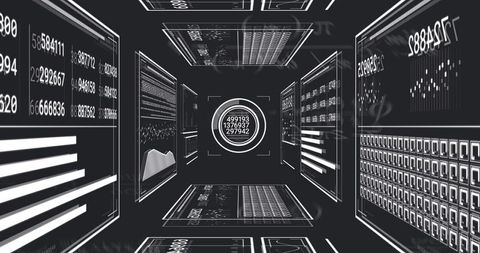 Futuristic Data Tunnel with Pulsing HUD Target and Floating Analytics Panels