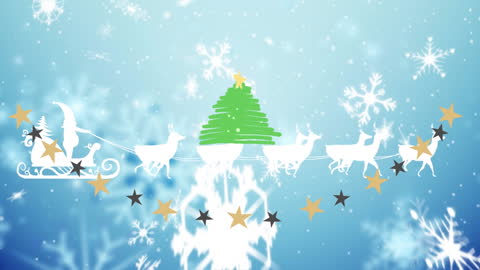 Santa Claus Sleigh and Reindeer Silhouette with Falling Snowflakes