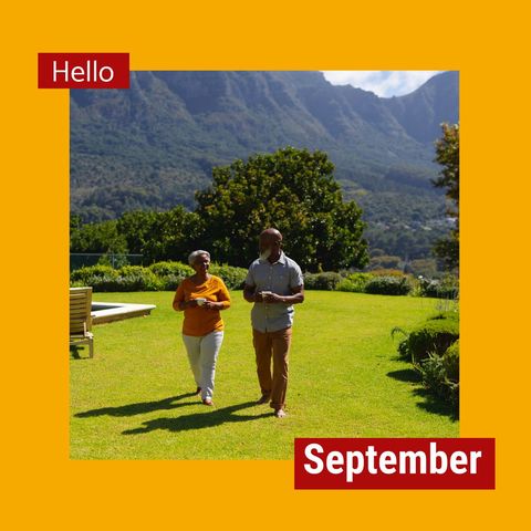 Welcoming September with Senior Couple Walking in Scenic Garden