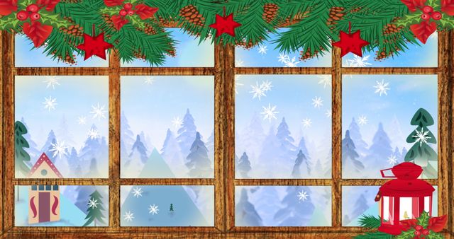 Festive winter scene visible through window offers serene, snow-covered trees, moonlight, and decorations fitted for holiday use, digital holiday cards, backdrop for seasonal greetings, or online digital centerpiece for festive promotions.