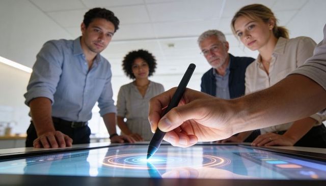 Team Collaborating on Interactive Touch Table with Stylus Target Interface