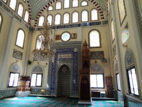 Interior of Ornately Decorated Mosque with Colorful Windows