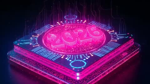 Pulsing Neon 2026 Medallion Rising on Holographic Circuit Stack for Tech Motion